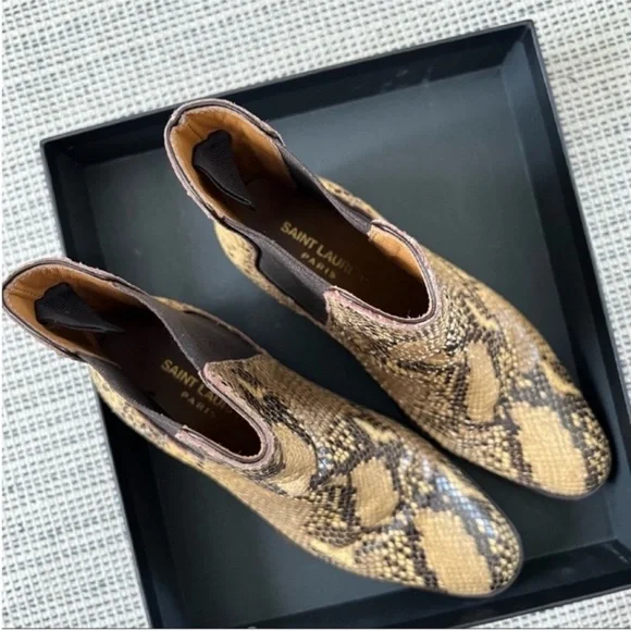 SAINT LAURENT Wyatt Python Snake Embossed Chelsea Boots Size36.5 Tan Brown